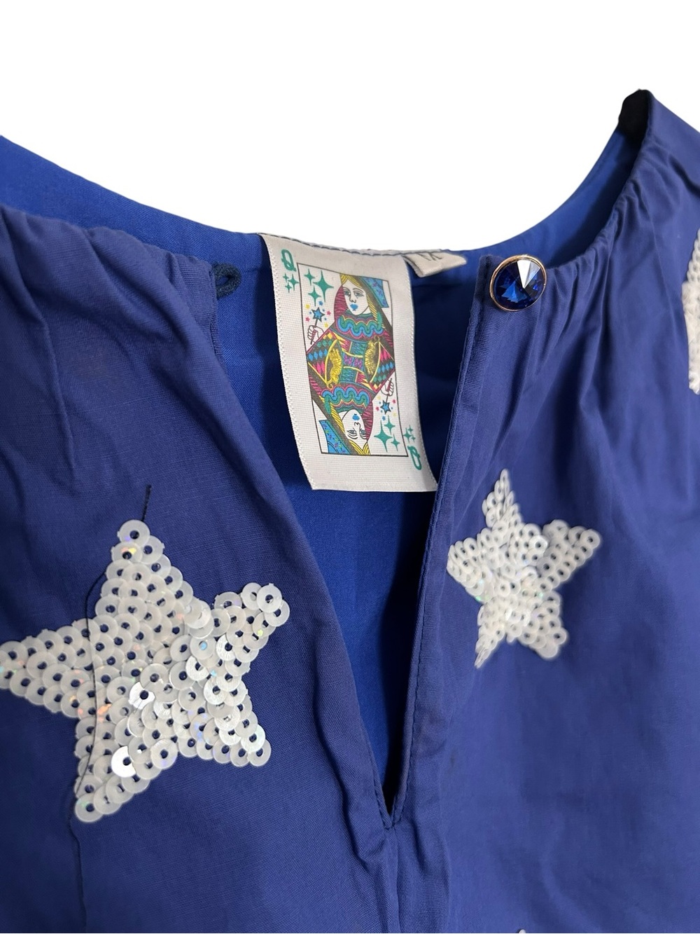 Queen of Sparkles Blue Sequin Star Feather Hem Dress Medium Patriotic USA - Picture 5 of 7
